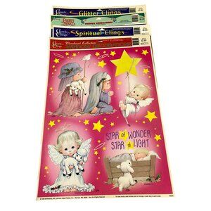 Vtg‎ 90s Christmas Window Clings Lot Winter Holiday Religious Nostalgia Ephemera